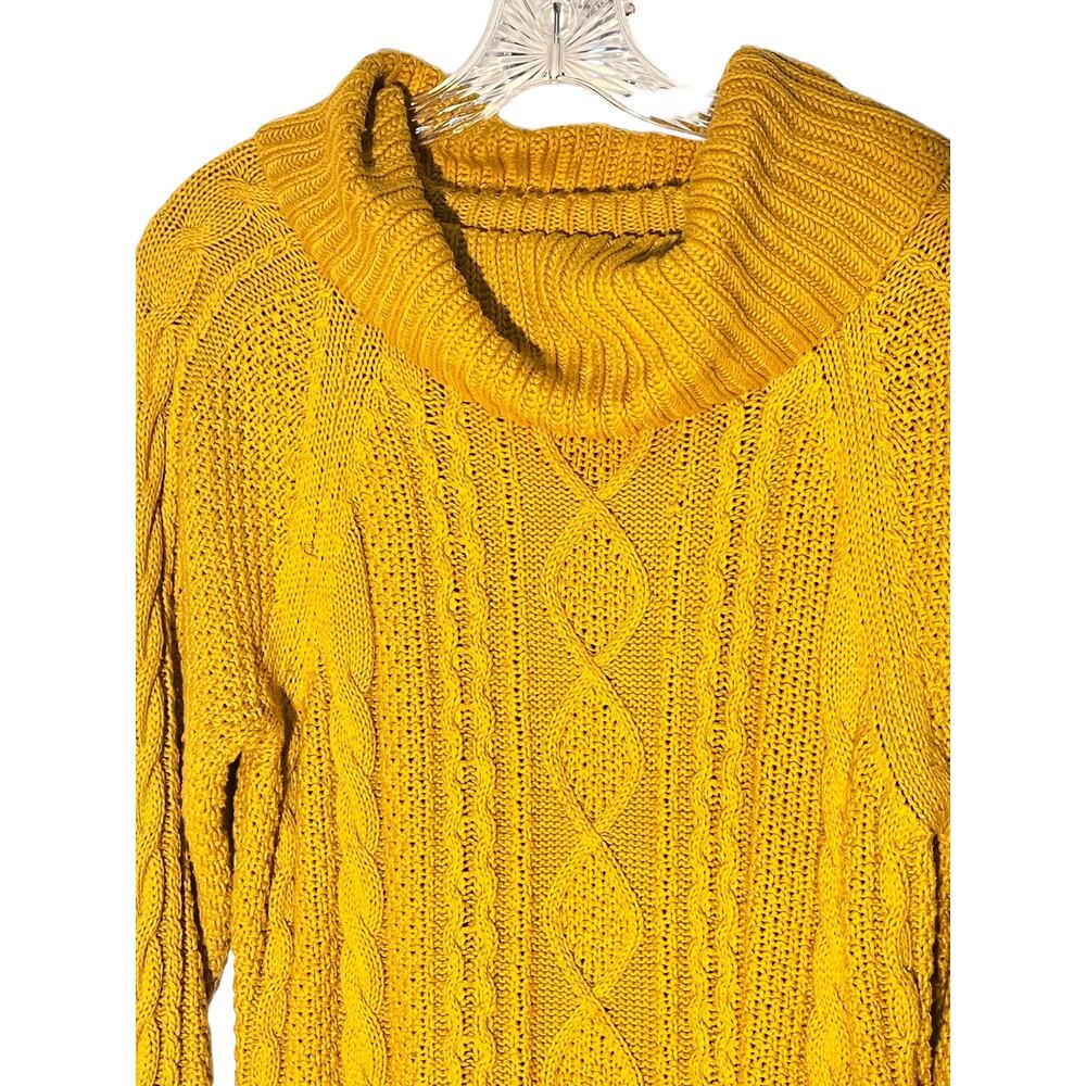 Cable Knit Cowl Neck Oversized Mustard Long Sleeve Sweater - Picture 2 of 9